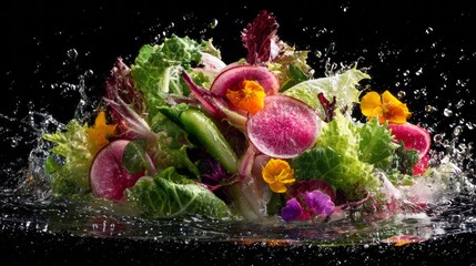 Fresh mixed vitamin salad with crisp lettuce, colorful radishes, and edible flowers, dynamic floating ingredients captured in high-resolution, vibrant healthy vegetarian dish perfect for summer menu p