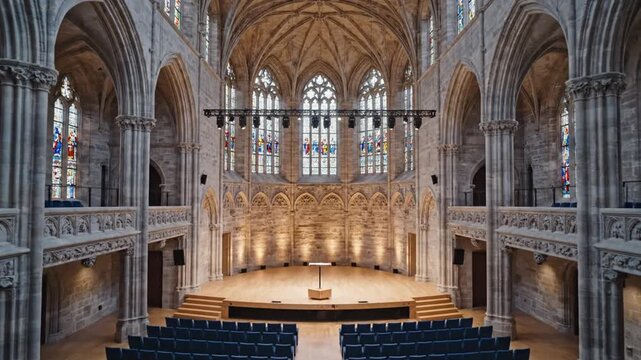 Ornate interior of a grand cathedral with stained glass windows and vaulted ceiling.