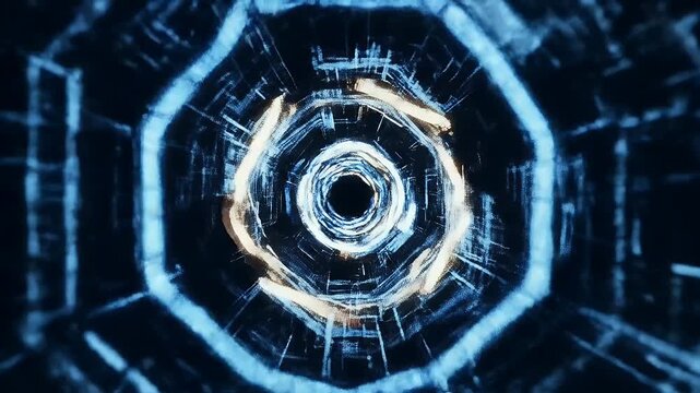 A futuristic tunnel with neon lights and geometric shapes viewed from a central perspective