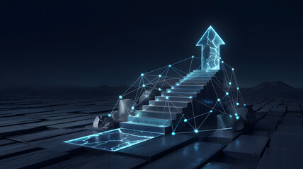 Abstract blue glowing stairway to success with digital network and upward arrow on a dark futuristic landscape representing progress and innovation