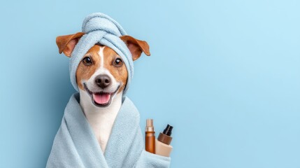 A joyful dog sits wrapped in a soft towel, wearing a towel on its head like a turban. Next to it are grooming products, creating a relaxing spa atmosphere