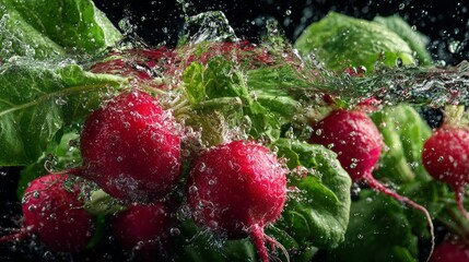 Fresh radish splashing in clear water with vibrant green leaves, showcasing organic root vegetables, natural freshness, healthy eating, clean food preparation, and farm-to-table produce concept