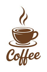 Obraz premium Vector illustration of steaming coffee cup with cursive text below it