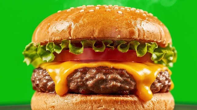 cinematic macro food footage gourmet cheeseburger on chroma key green background juicy beef patty melted cheese dripping over edges lettuce tomato glossy sesame bun cheese stretch slow motion falling 