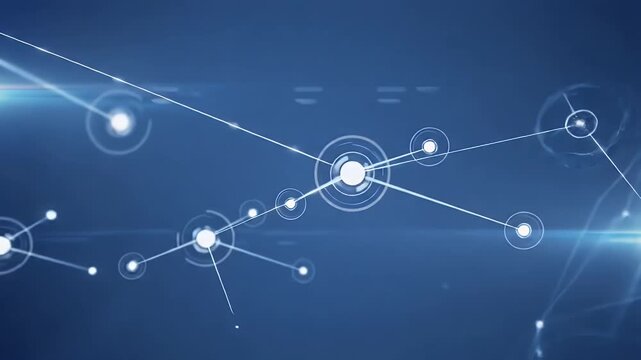 A futuristic network of interconnected nodes and lines against a dark blue background, viewed from a futuristic perspective.