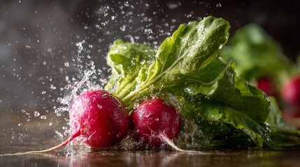 Fresh radish splashing in clear water with vibrant green leaves, showcasing organic root vegetables, natural freshness, healthy eating, clean food preparation, and farm-to-table produce concept