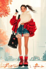 Stylish asian young woman in autumn outfit with bird on shoulder