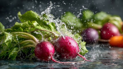 Fresh radish splashing in clear water with vibrant green leaves, showcasing organic root vegetables, natural freshness, healthy eating, clean food preparation, and farm-to-table produce concept