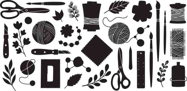 Black and white illustration of sewing and crafting tools