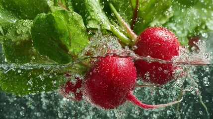 Fresh radish splashing in clear water with vibrant green leaves, showcasing organic root vegetables, natural freshness, healthy eating, clean food preparation, and farm-to-table produce concept