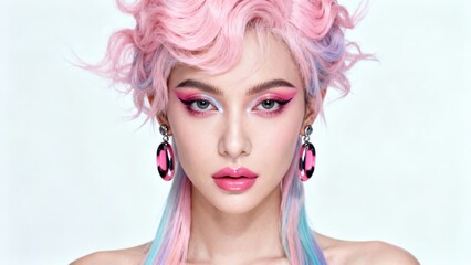 A woman with pastel pink hair and makeup looks directly at the camera with confidence and style