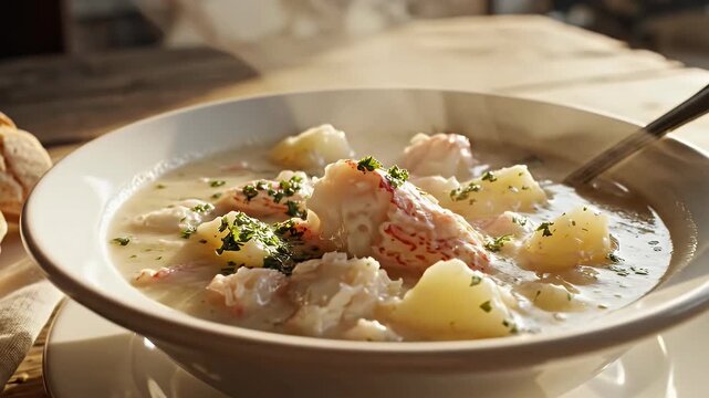 Bowl of steaming seafood chowder with potatoes and bread