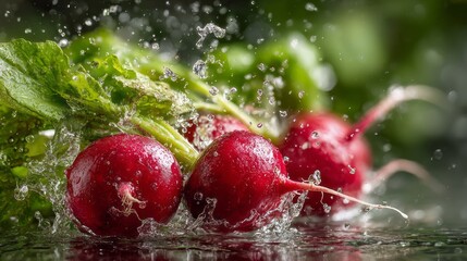 Fresh radish splashing in clear water with vibrant green leaves, showcasing organic root vegetables, natural freshness, healthy eating, clean food preparation, and farm-to-table produce concept