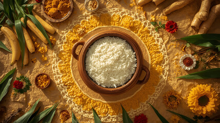 Tamil Thai Pongal Festival Concept with Traditional Pot and Harvest Symbols