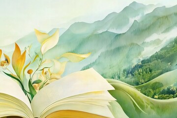 Open book with flowers and misty green mountain landscape in watercolor