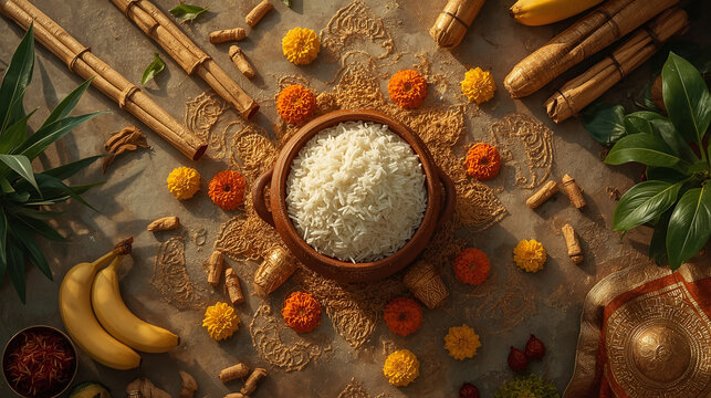 Tamil Thai Pongal Festival Concept with Traditional Pot and Harvest Symbols