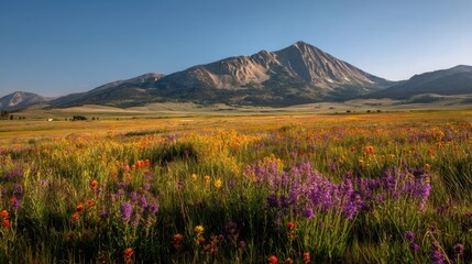 Fototapeta premium Majestic Landscape of Colorful Wildflowers Stretching Across a Scenic Field Under a Clear Blue Sky