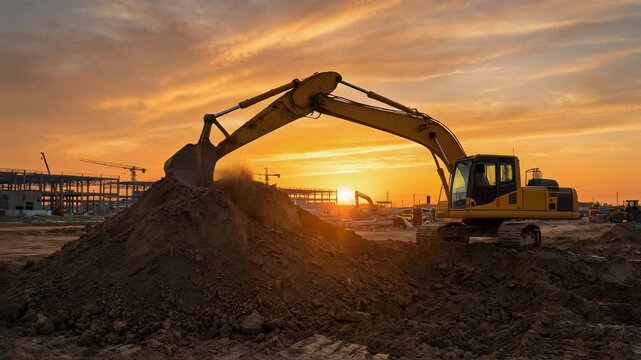 Excavator at construction site during sunset with vibrant sky and machinery