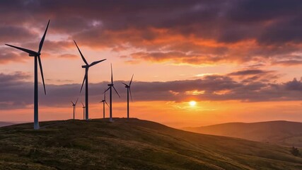 Breathtaking sunset over wind turbines on a hill, showcasing renewable energy and nature's beauty - Powered by Adobe