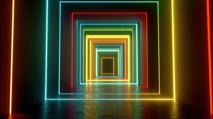Fototapeta premium Infinite geometric tunnel of vibrant neon squares in red blue green and yellow abstract portal