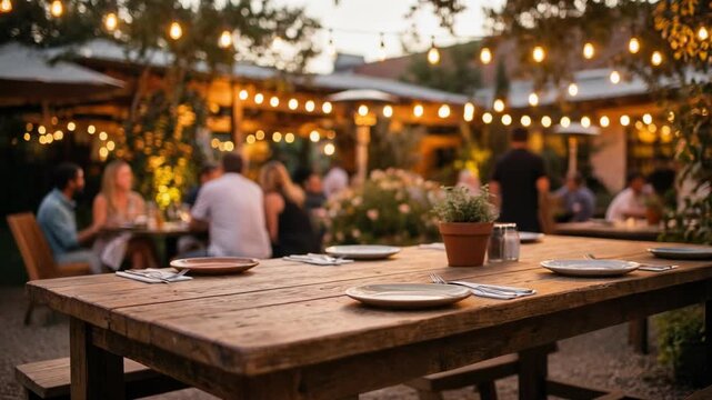 Charming outdoor dining setup with rustic wooden tables and warm string lights in a lively restaurant atmosphere