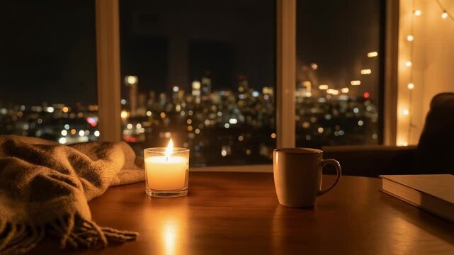 Cozy nighttime scene with candle, coffee cup, and city view, perfect for relaxation and ambiance