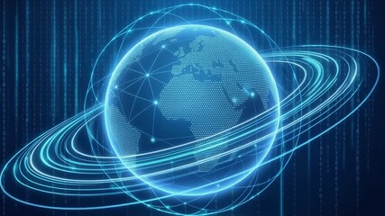 Futuristic digital globe with binary code and glowing rings, representing technology and connectivity - Powered by Adobe