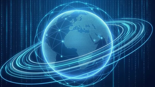 Futuristic digital globe with binary code and glowing rings, representing technology and connectivity