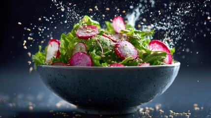 Fresh garden salad with crisp radish slices and scattered seeds splashing in a bowl, vibrant and dynamic healthy food presentation with colorful ingredients in motion
