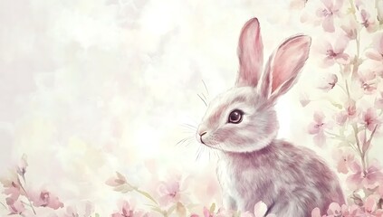 Cute cartoon bunny with pink ears sitting among pink flowers on white background