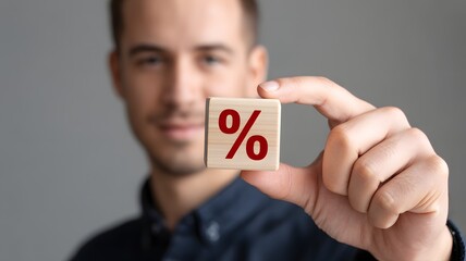 Interest rate and dividend concept. Person hold wooden block with percentage icon. Income and return on investment in percentage. income, return, investment.