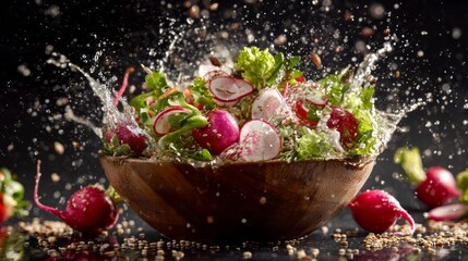 Fresh garden salad with crisp radish slices and scattered seeds splashing in a bowl, vibrant and dynamic healthy food presentation with colorful ingredients in motion