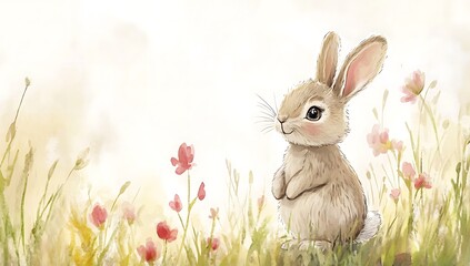 Cute cartoon bunny with pink flowers in a grassy field on a white background watercolor