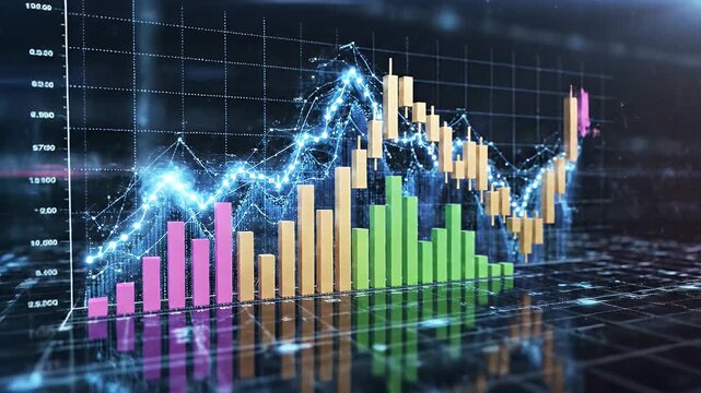 A 3D graph displaying colorful data trends on a grid background with reflections and neon accents