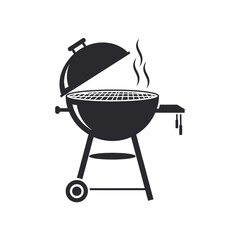 Black barbecue grill icon with smoke rising, isolated on white.