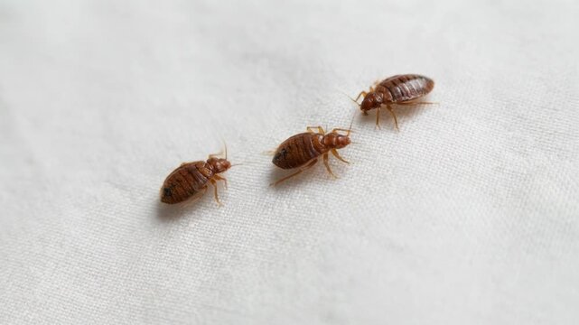 Close-up of three bed bugs on a white fabric surface highlighting pest infestation issues