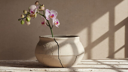 A broken clay pot holds a delicate flower, symbolizing the beauty of new beginnings amidst brokenness
