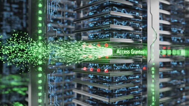 A 3D rendering of a stack of servers with bright red lights and a green light beam