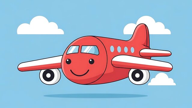 Smiling cartoon airplane flying in sky.