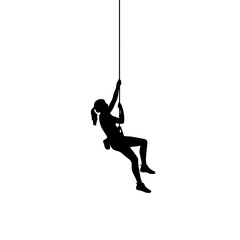Female climber silhouette hanging by a rope. Minimalist vector illustration of rock climbing and rappelling. Solid black shape isolated on white background