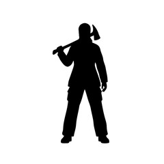 Female firefighter silhouette holding an axe. Solid black shape vector illustration. Minimalist flat design isolated on white background