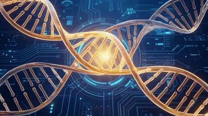 Futuristic DNA structure with digital circuit background representing biotechnology and genetics innovation - Powered by Adobe