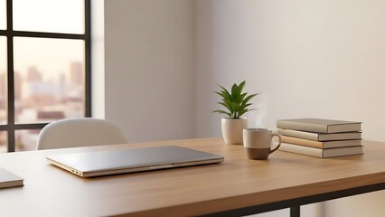 Modern Office Desk with Laptop and Books.