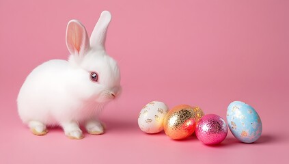 Cute white bunny with colorful Easter eggs on a pink background
