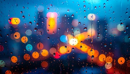 rain droplets on a glass window, city lights bokeh in the background, 