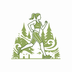 Fototapeta premium Woman jogging in forest line art illustration. Female runner in nature. Fitness and outdoor activity vector graphic