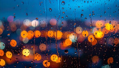 rain droplets on a glass window, city lights bokeh in the background, 