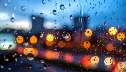 rain droplets on a glass window, city lights bokeh in the background, 