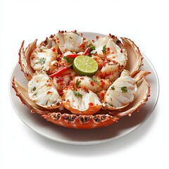 A delicious crab dish is beautifully presented on a white plate, garnished with fresh lime, chili, and cilantro, creating an appealing culinary experience.
