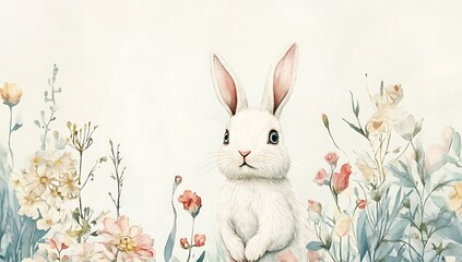 Cute white bunny with large ears sitting among pastel flowers on white background watercolor
